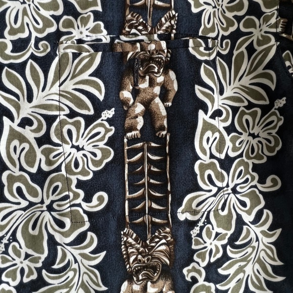 Pipeline Aloha Shirt Navy and Khaki Tiki Floral Button Up Size Small - Picture 4 of 12